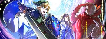 Rule 34 | 2boys, 2girls, baehee5502, blonde hair, blue eyes, blue hair, blunt bangs, breasts, brown gloves, cloak, closed eyes, commentary request, cowboy shot, dress, earrings, fi (zelda), fingerless gloves, furrowed brow, ghirahim, gloves, green hat, green tunic, grey hair, grin, hair between eyes, hair ribbon, hand in own hair, hat, highres, holding, holding shield, holding sword, holding weapon, interlocked fingers, jewelry, korean commentary, link, long dress, master sword, medium breasts, multiple boys, multiple girls, nintendo, open mouth, own hands clasped, own hands together, phrygian cap, pointy ears, praying, princess zelda, red cloak, ribbon, shield, short hair, sidelocks, smile, swept bangs, sword, the legend of zelda, the legend of zelda: skyward sword, tunic, weapon, white dress, wide sleeves