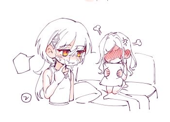 2girls after_cunnilingus anger_vein blush ceras_yanagida_lilienfeld commentary_request ear_blush full-face_blush katsuragi_izumi link!_like!_love_live! long_hair love_live! multiple_girls on_bed open_mouth orange_eyes pillow pussy_juice_on_face smile tank_top yuri