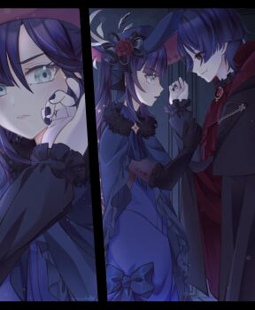 1boy 1girl alternate_costume alternate_eye_color alternate_species alternate_universe aqua_eyes ascot black_border black_bow black_cloak black_gloves black_hat black_nails black_ribbon black_sleeves blunt_bangs blunt_ends bodystocking border bow brooch cloak closed_mouth collar curled_fingers diamond_print dress elbow_gloves fang feathers flower formal_clothes frilled_cloak frilled_collar frilled_gloves frilled_sleeves frills fur-trimmed_cloak fur_trim gem genshin_impact gloves gold grey_feathers grey_pupils hair_between_eyes hair_bow hand_on_another's_arm hand_up hat hat_feather hat_flower hat_ribbon height_difference highres indoors jewelry lapels lens_flare light_blush looking_at_another looking_at_hand mona_(genshin_impact) multicolored_hair parted_bangs picture_hat pink_lips playing_with_another's_hair purple_dress red_ascot red_eyes red_flower red_gemstone red_hat red_rose renacchi06 ribbon rose scaramouche_(genshin_impact) smile split_screen standing star_brooch streaked_hair turtleneck turtleneck_dress twitter_username two-sided_fabric two-sided_headwear vampire white_feathers