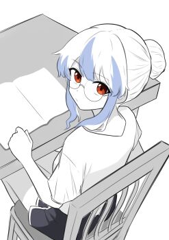 1girl absurdres alternate_costume alternate_hairstyle bespectacled black_shorts blue_hair book chair closed_mouth commentary_request glasses hair_bun highres kamishirasawa_keine kapuri_(capuriwa) long_hair looking_at_viewer looking_back multicolored_hair no_headwear on_chair open_book red_eyes round_eyewear shirt short_sleeves shorts sitting solo table touhou two-tone_hair white_hair white_shirt