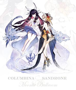 Rule 34 | 2girls, alternate costume, bare back, bare shoulders, barefoot, black dress, black gloves, black hair, blue eyes, blue flower, bonnet, bow, bow flower, braid, breasts, brown hair, bun with braided base, closed eyes, closed mouth, cloudc, columbina (genshin impact), commentary, detached collar, dress, elbow gloves, english commentary, eye mask, flower, genshin impact, gloves, gradient hair, hair bun, hair ornament, hair ribbon, head wings, headdress, high heels, highres, holding hands, large breasts, long hair, long sidelocks, looking back, mask, multicolored hair, multiple girls, multiple wings, off-shoulder dress, off shoulder, open mouth, purple hair, purple streaks, ribbon, sandrone (genshin impact), see-through clothes, see-through mask, short hair with long locks, sidelocks, smile, streaked hair, two-tone hair, very long hair, white dress, white headdress, white mask, white wings, wing hair ornament, wings, x-shaped eyewear