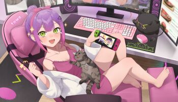 1girl :d animal bare_shoulders barefoot bibi_(tokoyami_towa) blush breasts cat chair cleavage clenched_hand computer_keyboard computer_mouse green_eyes hair_bun hair_ornament hairband hairclip highres hololive jmao looking_at_viewer medium_breasts monitor nail_polish nintendo_switch open_mouth pink_nails purple_hair single_hair_bun sitting smile solo spread_toes teeth toenail_polish toenails toes tokoyami_towa vertical_monitor virtual_youtuber