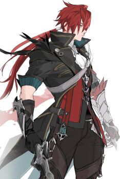 1boy adol_christin armor blue_eyes closed_mouth coat crimson_king_(ys) floating_hair gauntlets gloves hair_over_one_eye high_collar highres holding holding_sword holding_weapon juer1004 long_hair male_focus ponytail red_hair shoulder_armor simple_background single_gauntlet sleeve_rolled_up solo sword upper_body weapon white_background ys ys_ix:_monstrum_nox