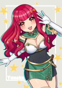 1girl alternate_costume armor breastplate breasts chloe_(fire_emblem) chloe_(fire_emblem)_(cosplay) cleavage cosplay covered_navel e_m_a elbow_gloves facial_mark fire_emblem fire_emblem_engage gloves large_breasts nintendo odaibako open_mouth red_hair request_inset star_(symbol) star_facial_mark white_gloves yunaka_(fire_emblem)