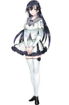 1girl aoji_satori black_hair black_shoes breasts choukou_(alicesoft) choukou_taisen_escalation_heroines dress full_body highres large_breasts long_hair official_art orion_(orionproject) own_hands_together shoes solo tachi-e thighhighs white_dress white_thighhighs yellow_eyes