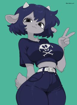 1girl absurdres animal_ears animal_nose belt black_eyes black_hair breasts closed_mouth colored_skin cropped_shirt furry furry_female grey_skin highres large_breasts looking_at_viewer nevtelen parappa_the_rapper rammy_(um_jammer_lammy) sheep_ears sheep_girl shirt short_hair skull_and_crossbones smile solo um_jammer_lammy