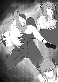 1boy 1girl absurdres anus ass bad_id bad_pixiv_id chaos_mermaid_(grimms_notes) chinesekubi dark-skinned_male dark_skin greyscale grimms_notes hair_between_eyes hetero highres huge_ass monochrome multiple_views sex shoes testicles twintails uncensored vaginal