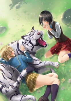 1other 2girls absurdres aoi_erika black_hair brown_hair byakko_(heaven_burns_red) commentary_request fang flower heaven_burns_red highres kayamori_ruka multiple_girls narby_(heaven_burns_red) on_grass short_hair sitting skirt socks tiger user_ehmg4432 wariza white_tiger