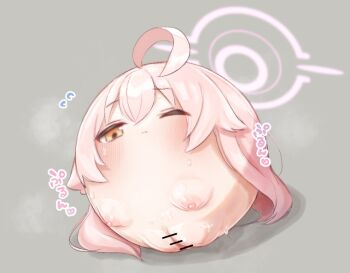 Rule 34 | 1girl, anatomical nonsense, bar censor, blue archive, blush, breasts, censored, closed mouth, commentary request, grey background, halo, hoshino (blue archive), long hair, nipples, one eye closed, orange eyes, pink hair, pink halo, pussy, simple background, small breasts, solo, suteka