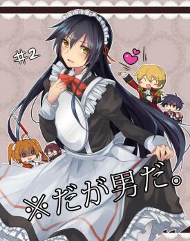 2girls 3boys ahoge apron black_hair blonde_hair blood blush bow bowtie brown_hair crossdressing cuffs eiyuu_densetsu emma_millstein empty_eyes enoki_nai epaulettes estelle_bright falcom glasses hairpiece handcuffs heart holding holding_staff holding_tray joshua_bright looking_at_another looking_at_viewer maid maid_apron maid_headdress multiple_boys multiple_girls necktie nosebleed olivert_reise_arnor open_mouth purple_eyes purple_hair rean_schwarzer red_eyes sen_no_kiseki_(series) sen_no_kiseki_i skirt_hold sora_no_kiseki staff trap tray twintails uniform wig yandere yellow_eyes