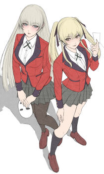 2girls aqua_eyes black_ribbon black_socks blazer blonde_hair brown_eyes brown_pantyhose card collared_shirt commentary_request faux_traditional_media flat_color from_above full_body grey_hair grey_skirt hair_ribbon highres holding holding_card holding_mask hyakkaou_academy_school_uniform jacket kakegurui kneehighs lapels long_hair long_sleeves mask miniskirt momobami_ririka multiple_girls pantyhose parted_lips pleated_skirt red_jacket red_shoes ribbon saotome_mary school_uniform shadow shirt shoes simple_background skirt socks ssk06150 standing straight_hair twintails unmoving_pattern very_long_hair white_background white_shirt wing_collar