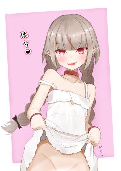 1girl :d bare_shoulders black_bow blush bow braid brown_hair clothes_lift collar collarbone commentary_request dress dress_lift ex_idol fangs female_focus groin hair_bow heart heart-shaped_pupils highres lifting_own_clothes long_hair looking_at_viewer low_twintails makaino_ririmu makaino_ririmu_(3rd_costume) multicolored_hair nijisanji open_mouth out-of-frame_censoring out_of_frame pink_background pointy_ears red_collar red_eyes red_hair sleeveless sleeveless_dress smile solo strap_slip streaked_hair symbol-shaped_pupils translation_request twin_braids twintails two-tone_background very_long_hair virtual_youtuber white_background white_dress