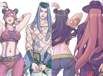 Rule 34 | 2boys, 2girls, 61troyard, alternate universe, anakiss, arm tattoo, armpits, arms up, ass, belt, black hair, blue hair, blue lips, blue pants, braid, breasts, brown belt, bun with braided base, clenched hands, clothing cutout, cone hair bun, crop top, cuffs, double bun, fedora, fishnet top, fishnets, flower, from behind, green belt, green hat, green skirt, hair bun, handcuffs, hashtag-only commentary, hat, heart cutout, heart ornament, highres, holding, holding flower, horned hat, irene (jojo), jojo no kimyou na bouken, kuujou jolyne, long coat, long hair, makeup, medium breasts, midriff, miniskirt, multicolored hair, multiple boys, multiple girls, narciso anasui, navel, navel piercing, orange sweater, pants, piercing, pink hair, pink lips, pink pants, pink tank top, purple belt, purple hat, red flower, red rose, revealing clothes, rose, shirt, simple background, skirt, spider web print, star piercing, stone ocean, sweater, tank top, tattoo, thighhighs, two-tone hair, very long hair, white background, white shirt, white thighhighs, yellow background