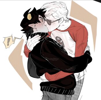 ! 2boys arm_around_waist arm_up black_hair black_shirt blush closed_eyes colored_skin dave_strider eyes_visible_through_eyewear feet_out_of_frame grey_pants grey_skin highres homestuck horns interspecies isa_(babeyxiao) karkat_vantas kiss long_sleeves looking_at_viewer male_focus multiple_boys pants parted_bangs shirt short_sideburns sketch speech_bubble spoken_exclamation_mark sunglasses troll_(homestuck) turtleneck two-tone_shirt white_hair yaoi yellow_eyes