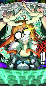 ! !! 1boy 1girl absurdres ahoge animal artist_name behind-the-head_headphones black-framed_eyewear black_cat blunt_bangs cat commentary computer_keyboard english_commentary english_text fur-trimmed_jacket fur_trim glasses green_jacket haysey headphones highres jacket long_hair long_sleeves morgana_(cat)_(persona_5) morgana_(persona_5) orange_hair persona persona_5 sakura_futaba sharp_teeth smile teeth