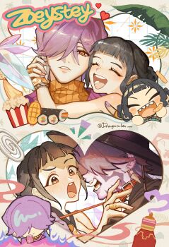 1boy 1girl absurdres animal_collar arms_around_neck bare_shoulders black_hair black_hat black_robe blunt_bangs brown_eyes chibi chibi_inset closed_eyes collar couple crossed_bangs demon_boy double_bun dragonla earrings facial_mark fangs food hair_bun hair_over_eyes hair_over_one_eye halterneck hat hetero highres jewelry kpop_demon_hunters multiple_views mystery_(kpop_demon_hunters) nail_polish open_mouth orange_eyes orange_sweater parted_lips popcorn purple_hair purple_nails purple_sweater_vest ring robe sharp_teeth ship_name short_bangs shouting smile sweater sweater_vest teeth turtleneck turtleneck_sweater twitter_username upper_body zoey_(kpop_demon_hunters)
