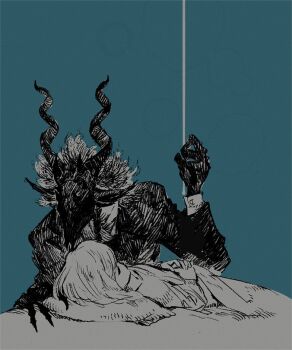 1boy 1girl black_hair blue_background child claws closed_eyes commentary_request furry furry_male horns jacket kissing_head lying nagabe on_back sensei_(totsukuni_no_shoujo) shiva_(totsukuni_no_shoujo) simple_background sleeping totsukuni_no_shoujo under_covers