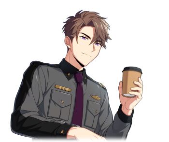 Rule 34 | 1boy, breast pocket, brown hair, closed mouth, collared shirt, cup, disposable cup, game cg, happy elements, helios rising heroes, holding, holding cup, jude ares, long sleeves, male focus, military uniform, mole, mole under mouth, necktie, non-web source, official art, pocket, purple eyes, purple necktie, shirt, short hair, smile, solo, transparent background, upper body