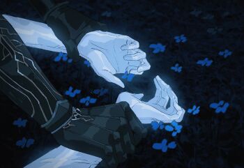 1boy 1girl armored_gloves black_gloves blue_flower couple field flower flower_field forget-me-not_(flower) gloves gold_trim hand_focus hetero highres holding_another&#039;s_wrist ladxena love_and_deepspace official_alternate_costume protagonist_(love_and_deepspace) restrained white_gloves xavier_(love_and_deepspace)