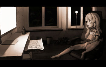 1girl bar_censor barefoot censored chair clothes_lift commission computer_keyboard diathorn female_focus female_masturbation fingering flat_chest full_body hand_to_own_mouth highres indoors knee_up lamp legs lifting_own_clothes light_bulb loli long_hair masturbation monitor monochrome nipples no_panties open_mouth original pussy shirt shirt_lift skirt skirt_lift solo spread_legs toes window