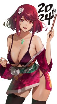 1girl 2024 :d alternate_costume black_thighhighs bob_cut bra breasts cleavage commentary core_crystal_(xenoblade) english_commentary flower folded_fan folding_fan hair_flower hair_ornament hand_fan highres holding holding_fan j@ck japanese_clothes kimono large_breasts looking_at_viewer new_year obi off_shoulder open_mouth panties panty_peek purple_bra purple_panties pyra_(xenoblade) red_eyes red_hair red_kimono sash short_hair short_kimono smile solo swept_bangs thighhighs underwear white_background white_flower xenoblade_chronicles_(series) xenoblade_chronicles_2