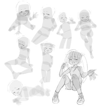 1girl :d ^_^ blush closed_eyes commentary_request highres how_to kikai_(akita_morgue) monochrome open_mouth original outstretched_arms shirt sketch smile striped_clothes striped_shirt thighhighs