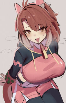 1girl absurdres ahoge animal_ears black_hoodie black_leggings breasts brown_eyes brown_hair dantsu_flame_(umamusume) ear_covers embarrassed furrowed_brow heavy_breathing highres hood hoodie horse_ears iog626 large_breasts leggings leggings_under_shorts open_mouth pink_hood short_hair smile solo sweat sweatdrop two-tone_hoodie umamusume