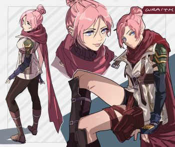 1girl animification apex_legends black_gloves black_pantyhose black_shorts blue_eyes breasts cosplay elbow_gloves final_fantasy final_fantasy_xiii fingerless_gloves gloves hair_behind_ear hair_between_eyes hair_bun head_tilt highres jacket lightning_farron lightning_farron_(cosplay) looking_at_viewer medium_breasts multiple_views pantyhose parted_lips red_scarf scarf shorts single_elbow_glove sitting sleeveless sleeveless_jacket smile thigh_strap thundergotch white_jacket wraith_(apex_legends)