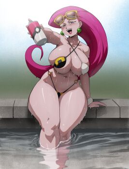 1girl absurdres bare_shoulders bikini blush bottle breasts earrings glasses highres huge_breasts inker_comics jessie_(pokemon) jewelry long_hair looking_at_viewer navel nintendo o-ring o-ring_bottom pokemon pokemon_(anime) pool red_hair soda_bottle solo sunglasses swimsuit thick_thighs thighs wet wide_hips