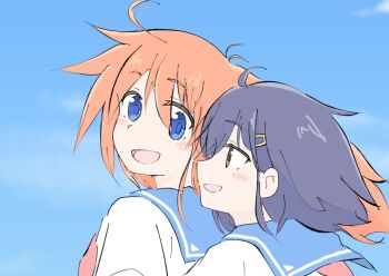 2girls :d ahoge antenna_hair blue_eyes blue_hair blue_sailor_collar blush_stickers flip_flappers floating_hair kokomine_cocona long_hair looking_at_another looking_back multiple_girls neckerchief nick150iso open_mouth orange_hair papika_(flip_flappers) pink_neckerchief profile sailor_collar school_uniform serafuku short_hair sky smile