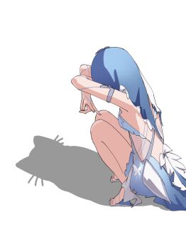 Rule 34 | 1girl, absurdres, armlet, bare legs, blue veil, breasts, cat shadow puppet (meme), commentary, cryne, dress, english commentary, from side, heel-less heels, high heel sandals, highres, jewelry, legs, medium breasts, meme, photo-referenced, sandals, shadow, shadow puppet, shorekeeper (wuthering waves), simple background, sleeveless, sleeveless dress, solo, squatting, toes, two-tone veil, veil, white background, white dress, white veil, wuthering waves