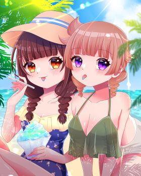 2girls :p absurdres anjou_seira beach blunt_bangs blush braid breasts brown_hair cleavage collarbone day food hat highres lens_flare long_hair looking_at_viewer multiple_girls ocean outdoors palm_leaf palm_tree purple_eyes sasuga_chisa smile swimsuit tongue tongue_out tree twin_braids water world_dai_star yanagiba_panda