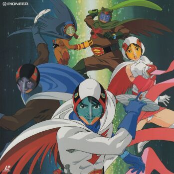 1970s_(style) 1girl 4boys abs absurdres bodysuit cape gatchaman glasses helmet highres holding holding_weapon jinpei_the_swallow joe_the_condor jun_the_swan ken_the_eagle lipstick looking_at_viewer makeup multiple_boys official_art oldschool panties pantyshot retro_artstyle ryu_the_owl scan shaded_face skirt smile tatsunoko_production teamwork underwear weapon