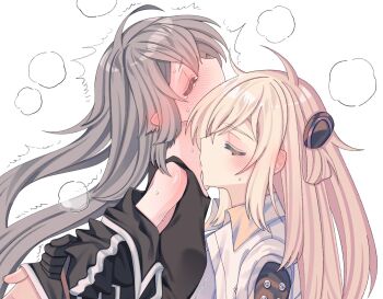 2girls bare_shoulders blonde_hair blush breasts closed_eyes collared_dress commentary dress duel_monster emptyayya english_commentary from_side gloves grey_hair highres kiss kissing_neck long_hair long_sleeves multiple_girls simple_background sky_striker_ace_-_raye sky_striker_ace_-_roze undressing_another white_background yu-gi-oh! yuri