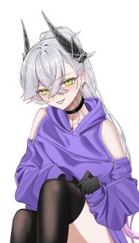 1girl absurdres black_hands black_thighhighs blush breasts choker clothing_cutout colored_extremities commentary crossed_bangs demon_girl demon_horns ear_piercing fate/grand_order fate_(series) green_eyes grey_hair grin hair_between_eyes highres horns kaworu13 lilith_(fate) long_hair long_sleeves looking_at_viewer medium_breasts piercing pointy_ears ponytail purple_sweater shoulder_cutout smile solo sweater symbol-only_commentary thighhighs very_long_hair zipper