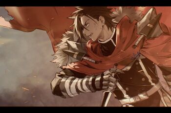 Rule 34 | arm up, armor, belt, belt buckle, black jacket, brown hair, buckle, cape, clawed gauntlets, collared jacket, commentary request, dagger, dirty, dirty face, earrings, forbartz xylo, from side, fur trim, highres, holding, holding dagger, holding knife, holding weapon, jacket, jewelry, knife, letterboxed, open mouth, piercing, profile, red cape, round teeth, scar, scar across eyebrow, scar on face, smoke, spiked hair, teeth, upper teeth only, uraki (tetsu420), weapon, white belt, yuushakei ni shosu