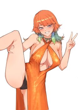 1girl alternate_costume barem_bridge black_panties breasts cleavage earrings feather_earrings feathers gradient_hair green_hair highres hololive hololive_english iver_(reviolet) jewelry large_breasts leg_lift leg_up long_hair multicolored_hair orange_hair paid_reward_available panties purple_eyes simple_background smile solo standing standing_on_one_leg takanashi_kiara underwear v virtual_youtuber white_background