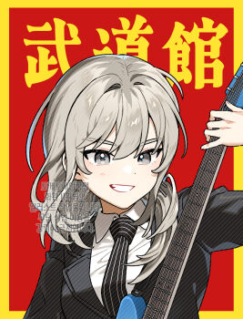 1girl black_jacket black_necktie border commentary_request electric_guitar flower_stand_art girls_band_cry grey_eyes grey_hair guitar habsida_(habsida_hpy) highres holding holding_guitar holding_instrument instrument jacket kawaragi_momoka long_hair multicolored_hair necktie open_mouth outside_border roots_(hair) solo striped_necktie upper_body yellow_border