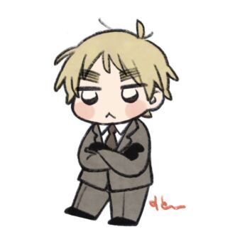 1boy :&lt; ahoge axis_powers_hetalia black_eyes black_gloves black_shoes blonde_hair blush_stickers chibi chibi_only collared_shirt commentary_request crossed_arms full_body gloves grey_jacket grey_necktie grey_pants jacket lapels long_sleeves looking_afar male_focus mi_aph_to necktie pants shirt shoes short_hair simple_background solo standing united_kingdom_(hetalia) white_background white_shirt