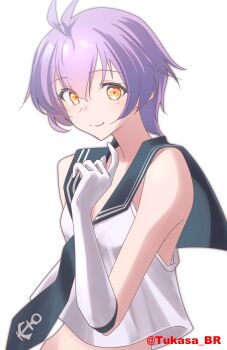 1girl absurdres black_necktie black_sailor_collar gloves highres kantai_collection necktie one-hour_drawing_challenge orange_eyes purple_hair sailor_collar sailor_shirt sakawa_(kancolle) shirt short_hair simple_background solo tsukasa_(tukasa_br) twitter_username upper_body white_background white_gloves white_shirt