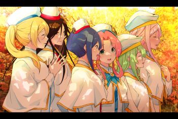 6+girls aika_granzchesta akira_ferrari alice_carroll alicia_florence andanden aria_(manga) aria_company_uniform athena_glory autumn_leaves beret blonde_hair blue_hair blush brown_eyes brown_hair capelet closed_eyes dress forehead gold_trim green_eyes green_hair hair_between_eyes hair_ornament hair_over_shoulder hair_rings hair_tubes hand_up hands_up hat highres himeya_company_uniform leaf letterboxed long_hair long_sleeves looking_at_another mizunashi_akari multiple_girls open_mouth orange_background orange_planet_uniform outdoors own_hands_together parted_bangs pink_hair ponytail print_dress red_headwear shadow short_hair_with_long_locks sidelocks upper_body white_capelet white_dress white_headwear