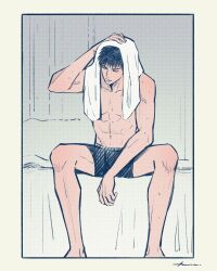 Rule 34 | 1boy, abs, azzurro 000, black hair, black male underwear, closed eyes, drying, drying hair, feet out of frame, highres, indoors, male focus, male underwear, mitsui hisashi, scar, scar on chin, scar on face, short hair, sitting, slam dunk (series), solo, topless male, towel, towel on head, underwear, underwear only, wet
