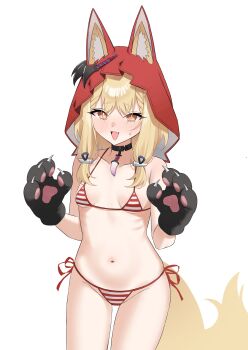 1girl absurdres alternate_costume animal_ear_fluff animal_ears animal_hands arknights arknights:_endfield bikini black_choker blonde_hair breasts cat_paws choker commentary ears_through_headwear ears_through_hood fang gloves hands_up highres hood hood_up jewelry loli looking_at_viewer multicolored_bikini navel necklace open_mouth paw_gloves red_bikini red_hood rossi_(arknights) sambel_kacang1 side-tie_bikini_bottom simple_background skin_fang small_breasts solo striped_bikini striped_clothes sweatdrop swimsuit tail tooth_necklace triangle_mouth white_background white_bikini wolf_ears wolf_girl wolf_tail yellow_eyes