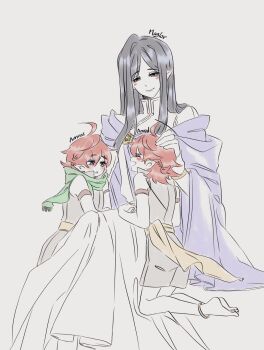 3boys amras amrod androgynous bare_legs barefoot black_hair blush braid brothers bumblebeww character_name closed_mouth elf eyebrows_hidden_by_hair eyes_visible_through_hair hand_on_another&#039;s_head long_hair looking_at_another maglor male_focus multiple_boys open_mouth parted_bangs pointy_ears red_hair scarf short_hair siblings simple_background sitting the_silmarillion tolkien&#039;s_legendarium twins