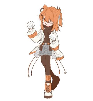 1girl a.i._voice adachi_rei animal_ears black_pantyhose black_shirt cable cat_ears commentary_request full_body gloves grey_skirt hands_up jacket kemonomimi_mode kurusuke_(kurumi) miniskirt one_eye_closed open_clothes open_jacket orange_eyes orange_hair orange_shoes pantyhose paw_pose shirt shoes simple_background skirt solo standing utau white_background white_gloves white_jacket