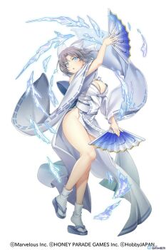 1girl :o artist_request bare_shoulders blue_eyes blush bow breasts cleavage crossover cryokinesis dual_wielding folding_fan full_body grey_hair groin hair_bow hand_fan highres holding holding_fan ice ice_shard japanese_clothes kimono large_breasts looking_at_viewer low_neckline marvelous no_panties obi official_art open_mouth pelvic_curtain queen&#039;s_blade queen&#039;s_blade_limit_break ribbon-trimmed_kimono ribbon_trim sandals sash senran_kagura senran_kagura_estival_versus senran_kagura_new_link senran_kagura_shinovi_versus shiny_skin short_hair simple_background solo striped_bow tabi tactics_(hobby_japan) third-party_source white_background white_bow white_kimono wide_sleeves yumi_(senran_kagura)