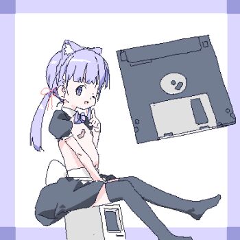 1girl animal_ear_hairband animal_ears apron arm_between_legs bandaid bandaids_on_nipples belly black_skirt black_sleeves black_thighhighs blunt_bangs border bow bowtie breasts cat_ear_hairband cat_ears computer fake_animal_ears floppy_disk from_side full_body hair_ribbon hairband hand_up index_finger_raised lokulo-chan_(lokulo_no_mawashimono) lokulo_no_mawashimono loli long_hair looking_at_viewer looking_to_the_side low_twintails lowres macintosh_128k miniskirt no_shoes oekaki one_eye_closed open_mouth original pasties puffy_short_sleeves puffy_sleeves purple_border purple_bow purple_bowtie purple_eyes purple_hair red_ribbon ribbon short_sleeves shrug_(clothing) simple_background sitting sitting_on_object skirt small_breasts smile solo thighhighs topless_female twintails waist_apron white_background