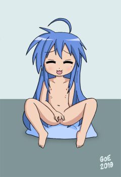 1girl 2019 blue_hair good_or_evil green_eyes izumi_konata loli lucky_star nipples nude solo