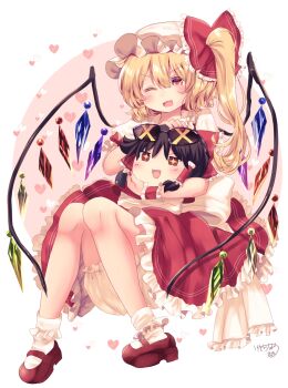 +_+ 1girl blonde_hair bloomers blush bow brown_hair commentary_request crystal crystal_wings eyewear_on_head fang flandre_scarlet frilled_bow frilled_hair_tubes frilled_skirt frills hair_bow hair_tubes hakurei_reimu hat heart highres kemo_chiharu long_hair mary_janes mob_cap multicolored_wings one_eye_closed one_side_up open_mouth puffy_short_sleeves puffy_sleeves red_bow red_eyes red_shoes red_skirt red_vest shoes short_sleeves signature skirt skirt_set sleeve_bow smile socks sunglasses touhou underwear vest white_bloomers white_hat white_socks wings wrist_cuffs yukkuri_shiteitte_ne