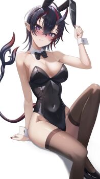 1girl animal_ear_hairband animal_ears balflear_(oe19nlud) bare_shoulders black_hair black_leotard breasts brown_thighhighs cleavage commentary_request covered_navel demon_girl demon_horns demon_tail detached_collar ear_chain fake_animal_ears hairband highres horns large_breasts leotard linked_piercing looking_at_viewer multicolored_hair nanashi_inc. piercing playboy_bunny pointy_ears purple_eyes rabbit_ear_hairband rabbit_ears red_hair ryugasaki_rene short_hair simple_background sitting solo strapless strapless_leotard streaked_hair tail thighhighs two-tone_hair virtual_youtuber white_background wrist_cuffs